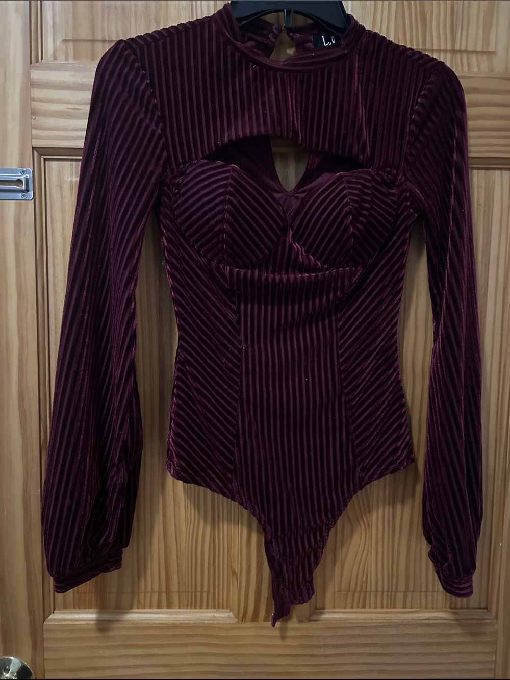 Lulu's Ribbed Velvet Long-Sleeve Burgundy Bodysuit